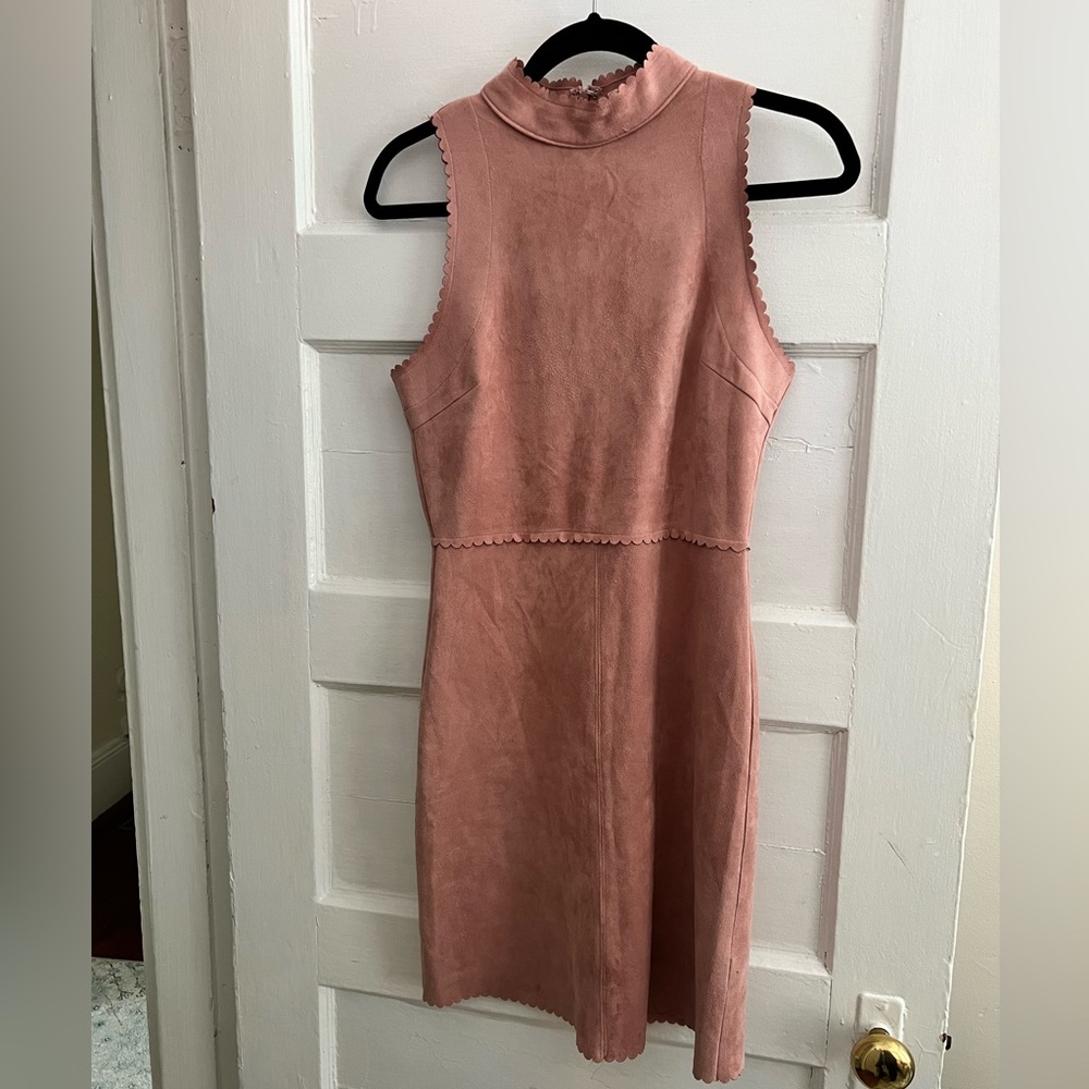 Soprano mini dress faux suede high neck scalloped baby pink sleeveless size M